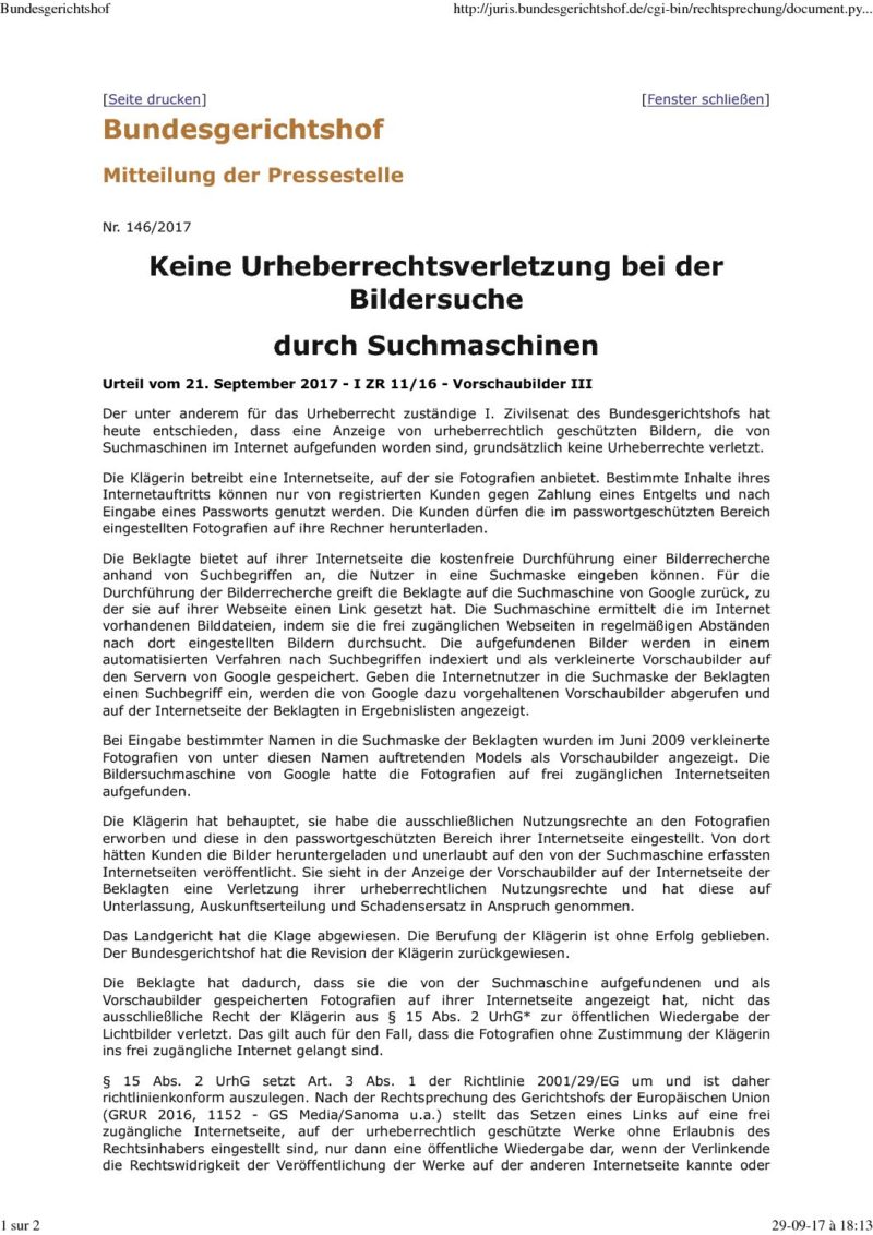 Communiqué de presse de la BGH - Droit & Technologies
